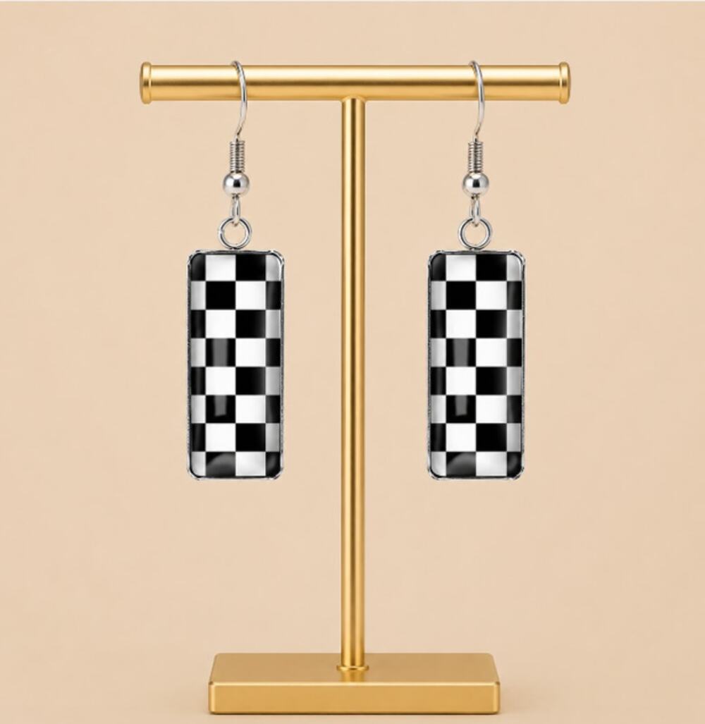 Black & White Checkered Flag Design Earrings Rectangular Cabochon Style